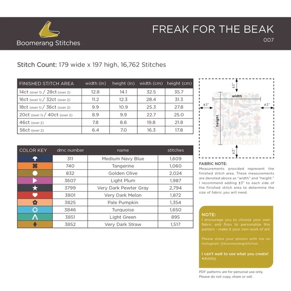 Freak for the Beak - Cross Stitch Pattern, different perspective #1, zoomed in. Select this picture to zoom back out.