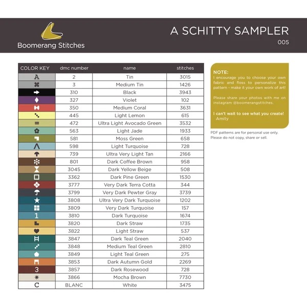 A Schitty Sampler - Cross Stitch Pattern, different perspective #1, zoomed in. Select this picture to zoom back out.