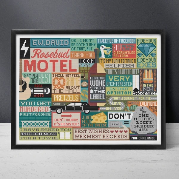 A Schitty Sampler - Cross Stitch Pattern, zoomed in. Select this picture to zoom back out.