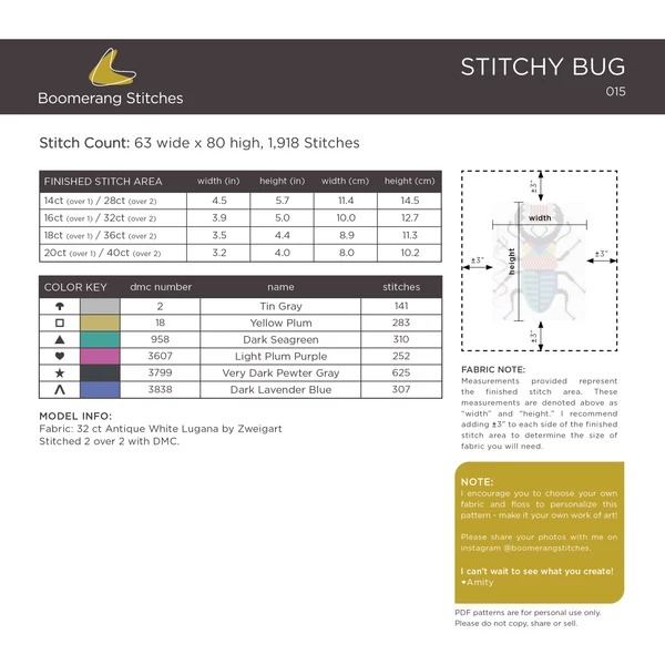 Stitchy Bug - Cross Stitch Pattern, different perspective #1, zoomed in. Select this picture to zoom back out.