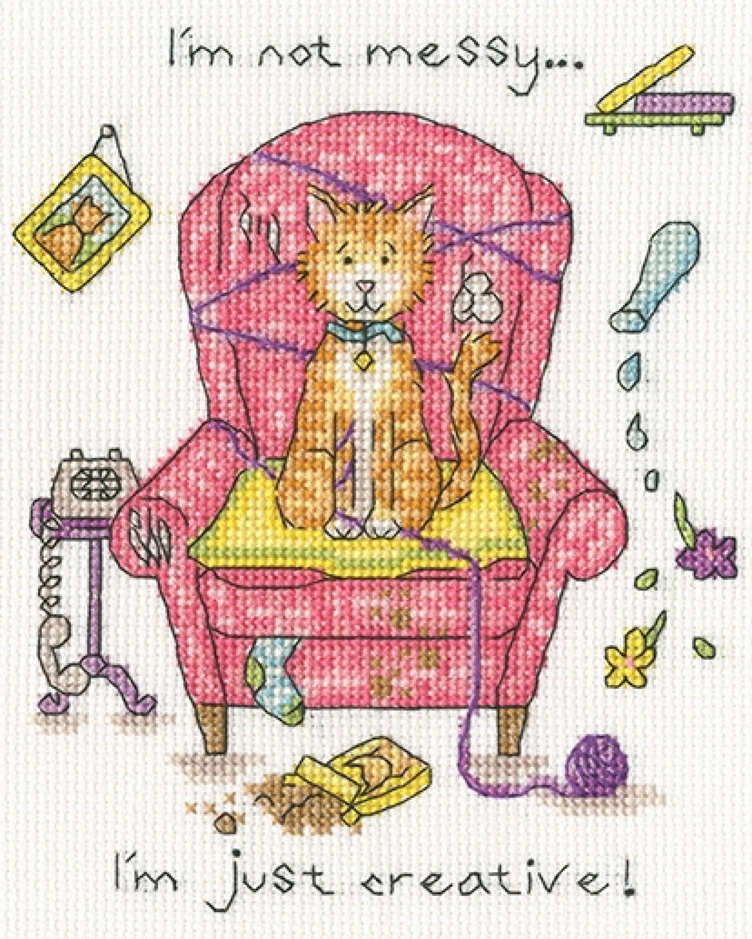 Crafty Cat - Cross Stitch Kit, zoomed in. Select this picture to zoom back out.