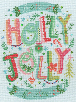 Holly Jolly Christmas - Christmas Cross Stitch Kit, zoomed in. Select this picture to zoom back out.