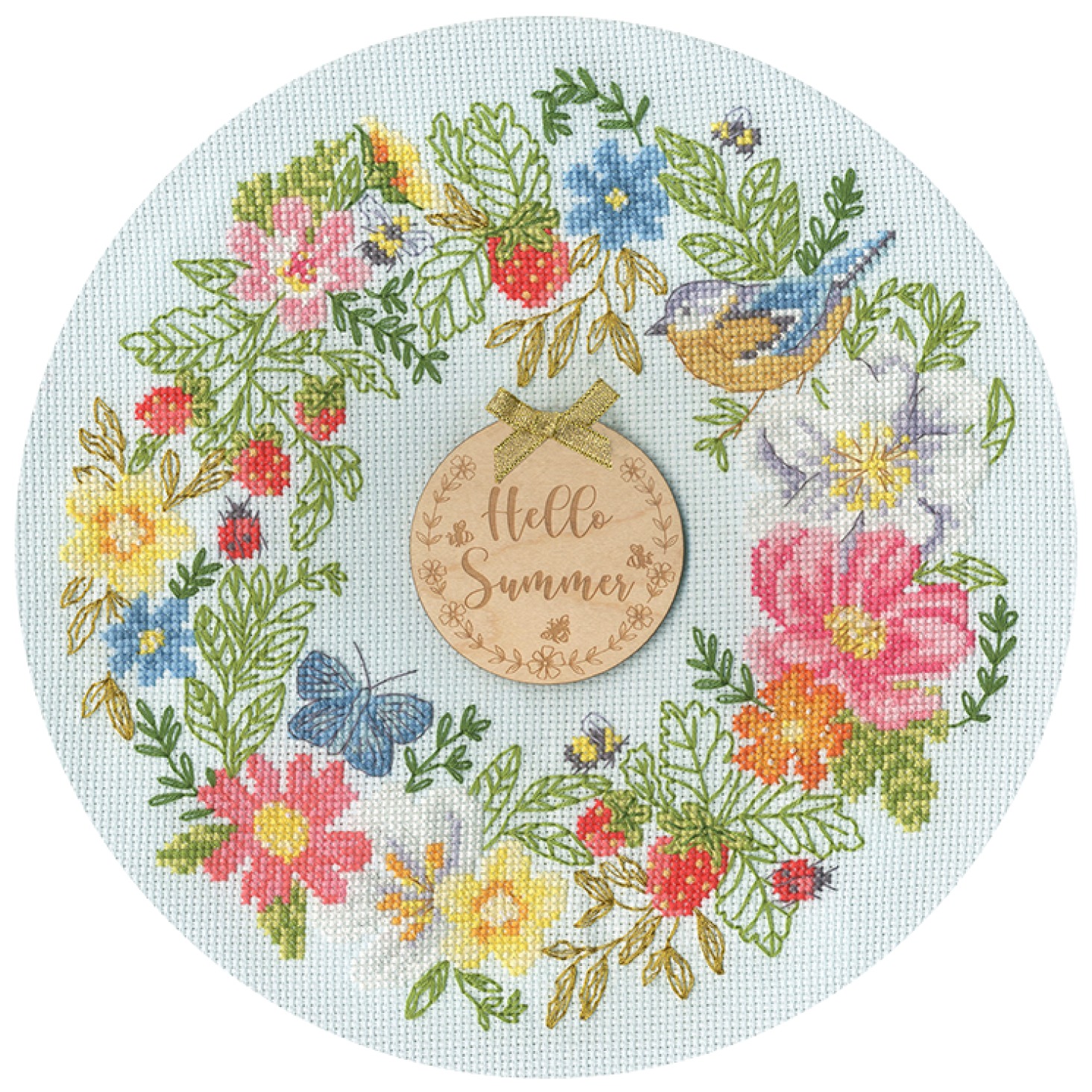Summer Wreath - Cross Stitch Kit, zoomed in. Select this picture to zoom back out.