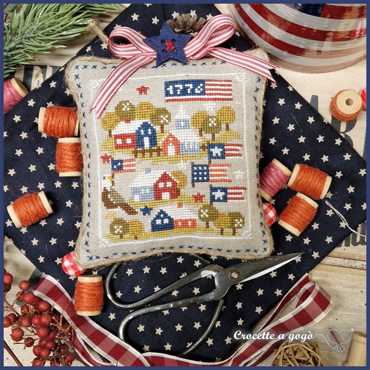 Patriotic Tiny Village - Cross Stitch Pattern, zoomed in. Select this picture to zoom back out.