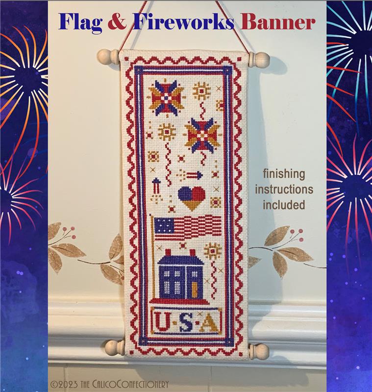 Flag & Fireworks Banner - Cross Stitch Pattern 