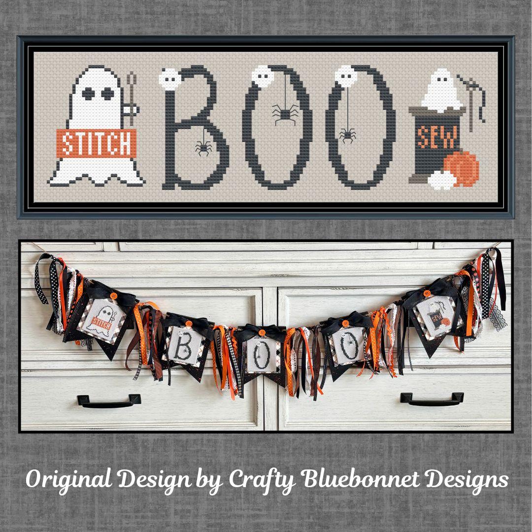 Boo Banner - Halloween Cross Stitch Pattern, zoomed in. Select this picture to zoom back out.