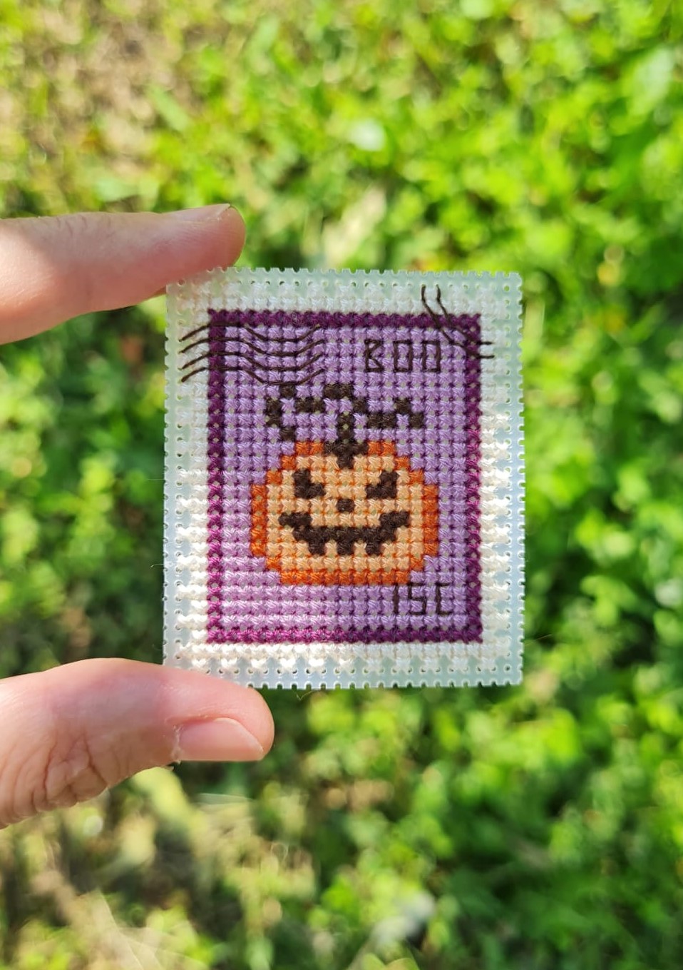 Scary Pumpkin Postage Stamp - Halloween Cross Stitch Pattern