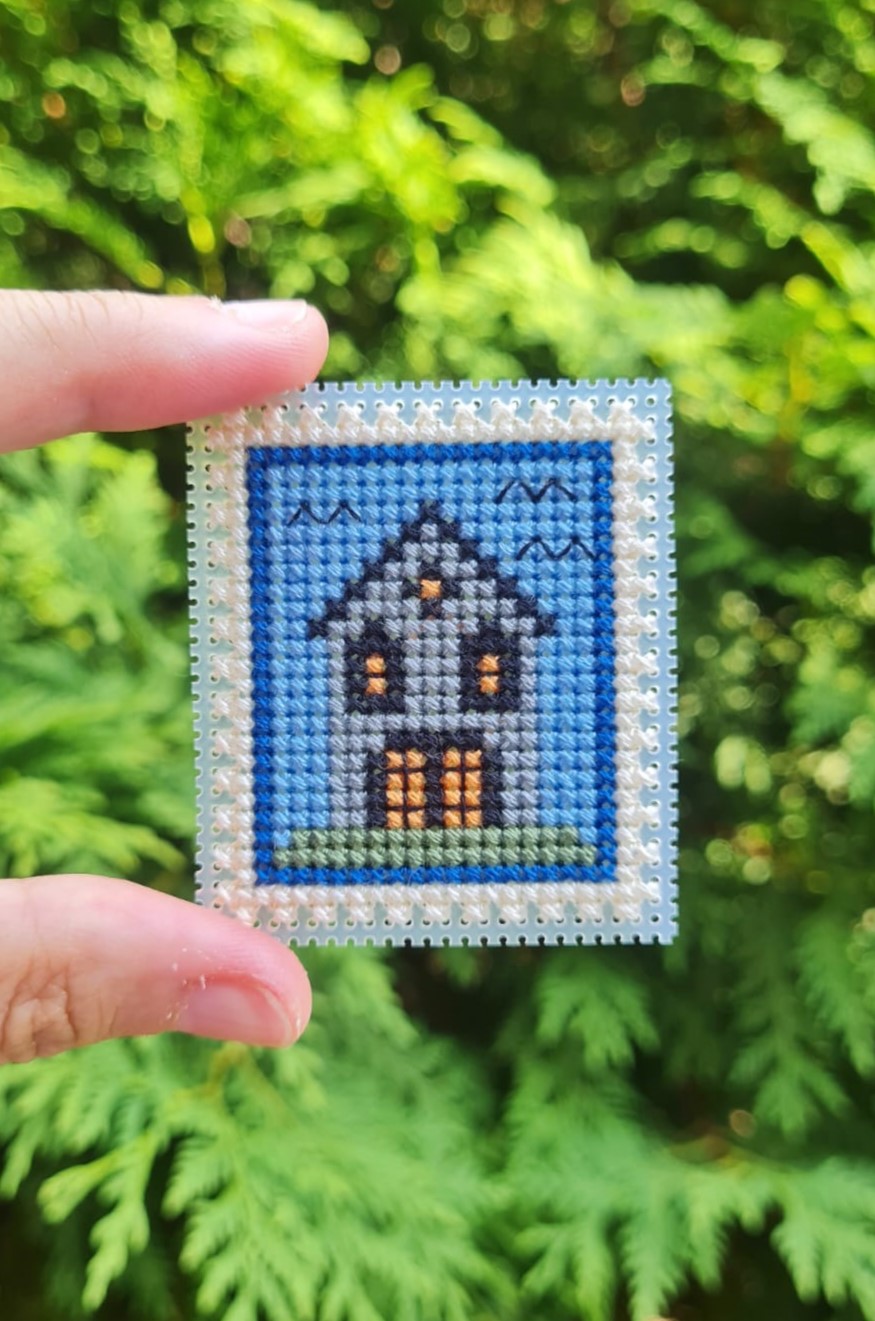Scary House Postage Stamp - Halloween Cross Stitch Pattern