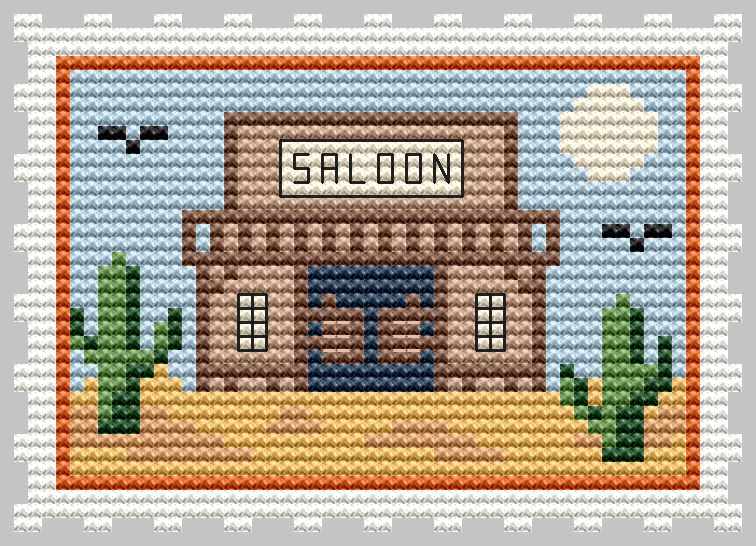 Old West Saloon Stamp - Cross Stitch Pattern, zoomed in. Select this picture to zoom back out.