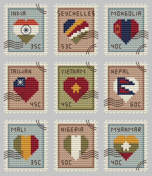 Postage Stamps 10 - Cross Stitch Pattern, zoomed in. Select this picture to zoom back out.