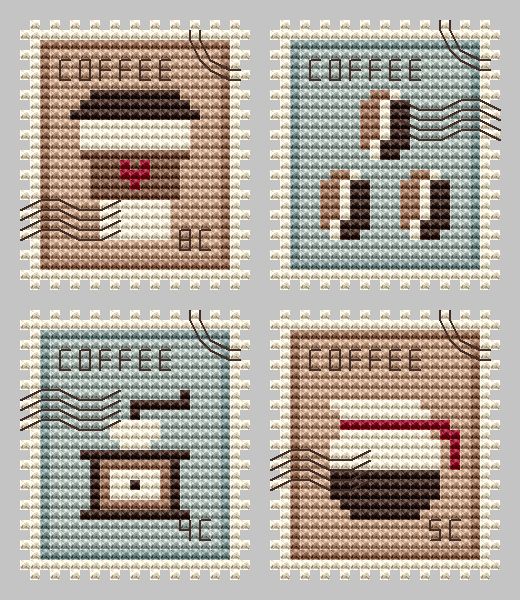 Coffee Postage Stamps - Cross Stitch Pattern, zoomed in. Select this picture to zoom back out.