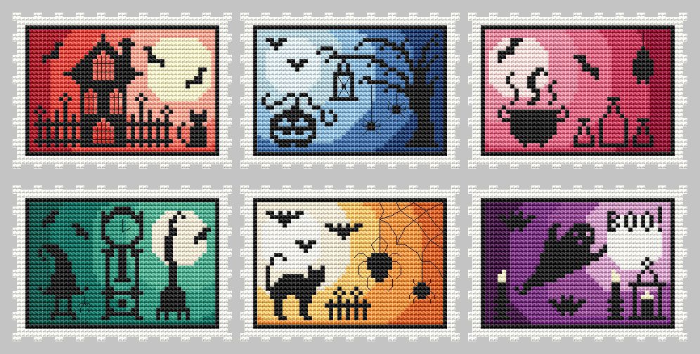 Six Halloween Stamps - Cross Stitch Pattern, zoomed in. Select this picture to zoom back out.