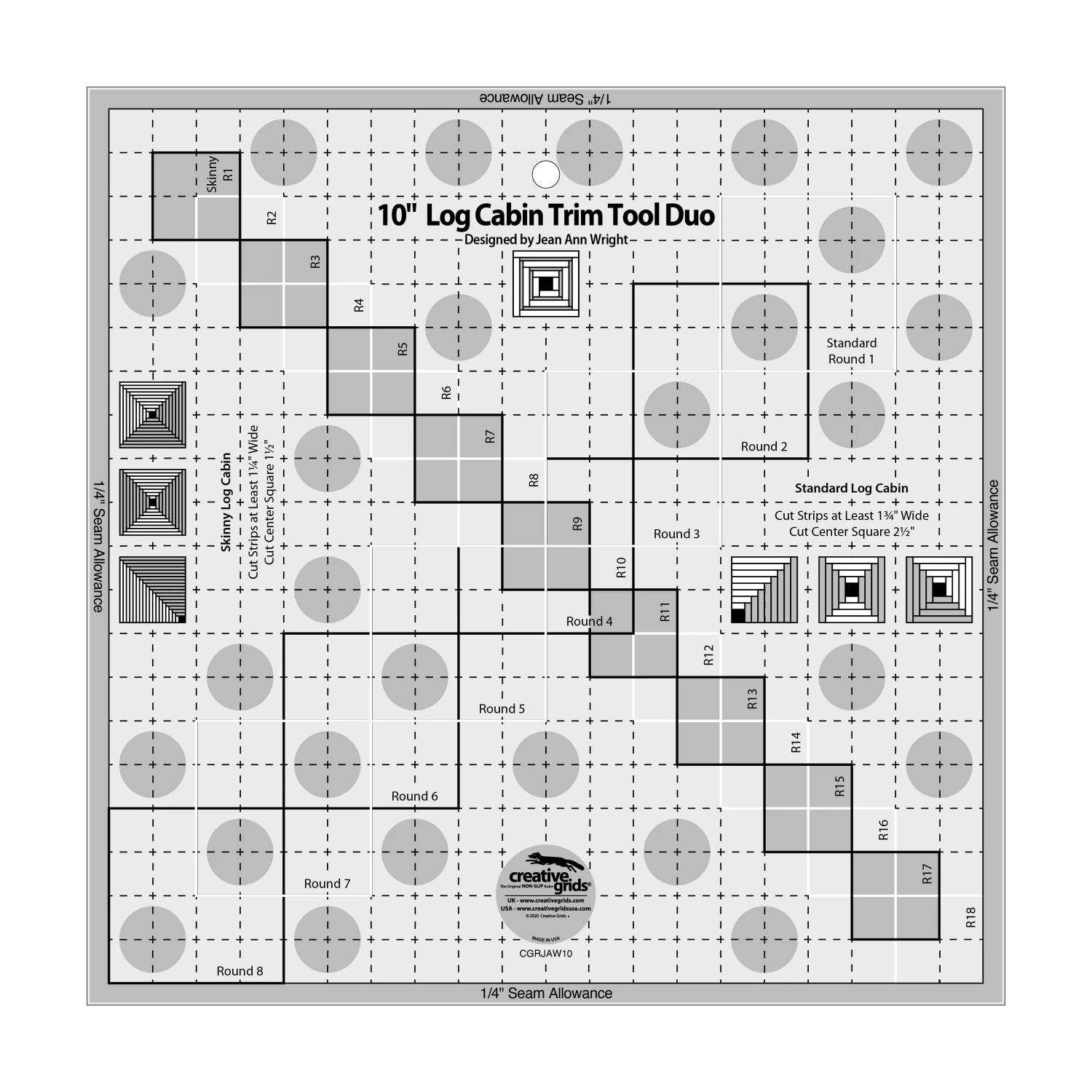 Creative Grids Log Cabin Trim Tool Quilt Ruler 10"
