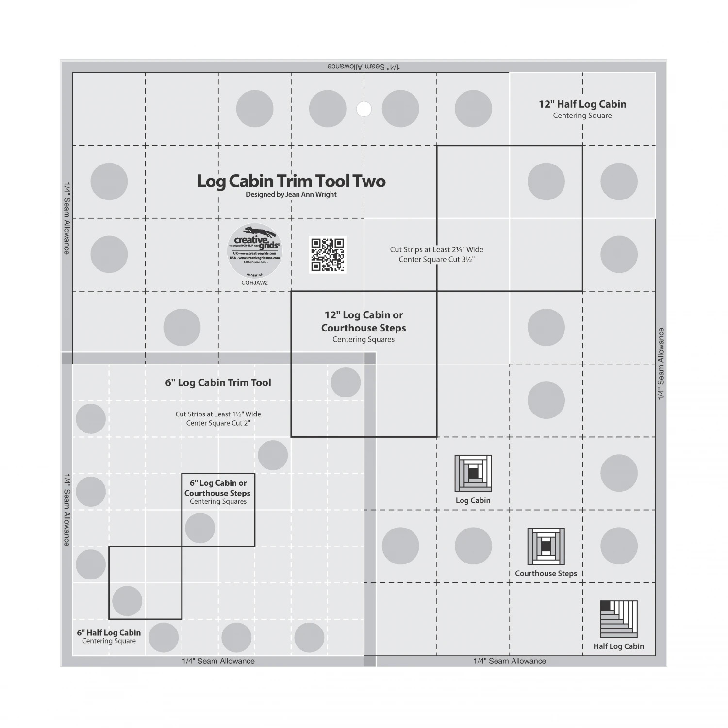 Creative Grids Log Cabin Tool Square Quilt Ruler 12"