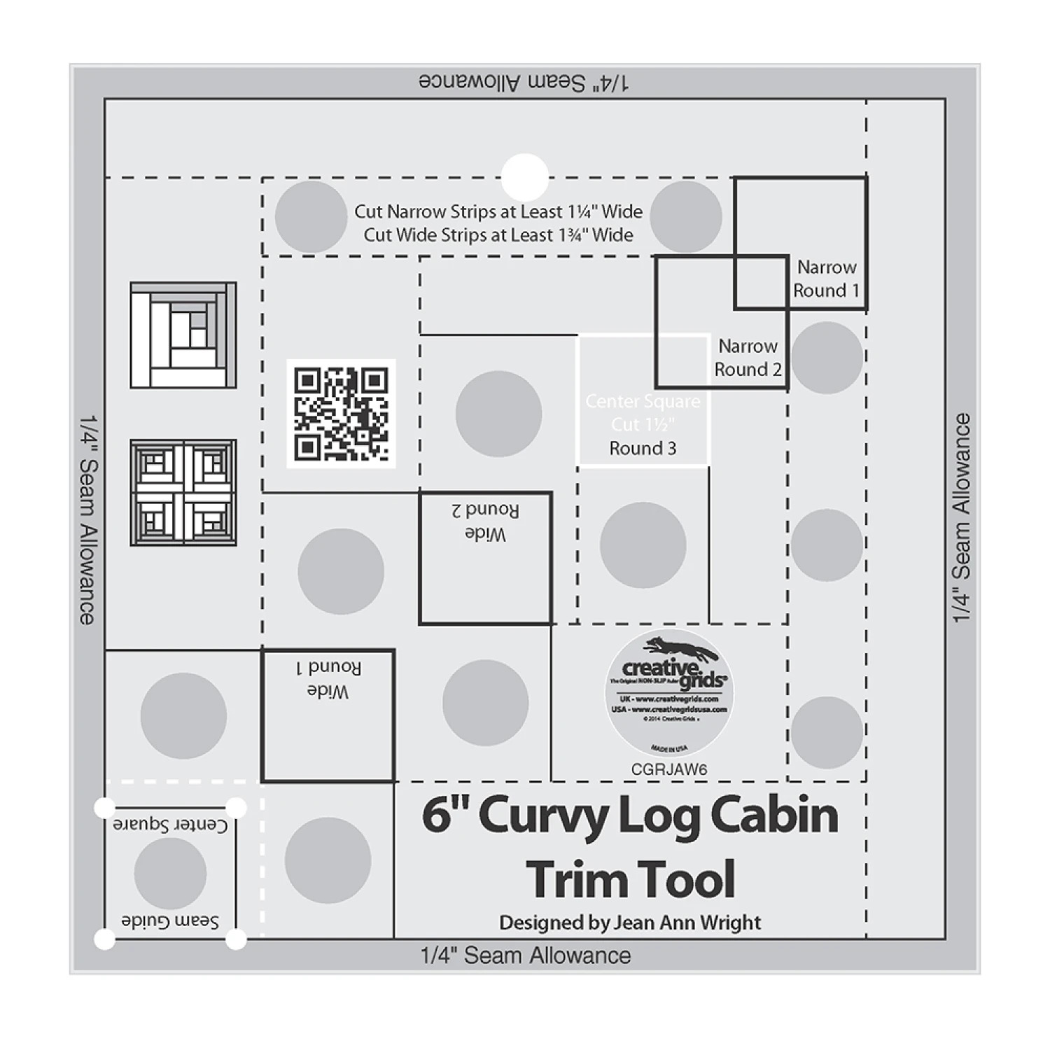 Creative Grids Curvy Log Cabin Trim Tool Quilt Ruler 6"