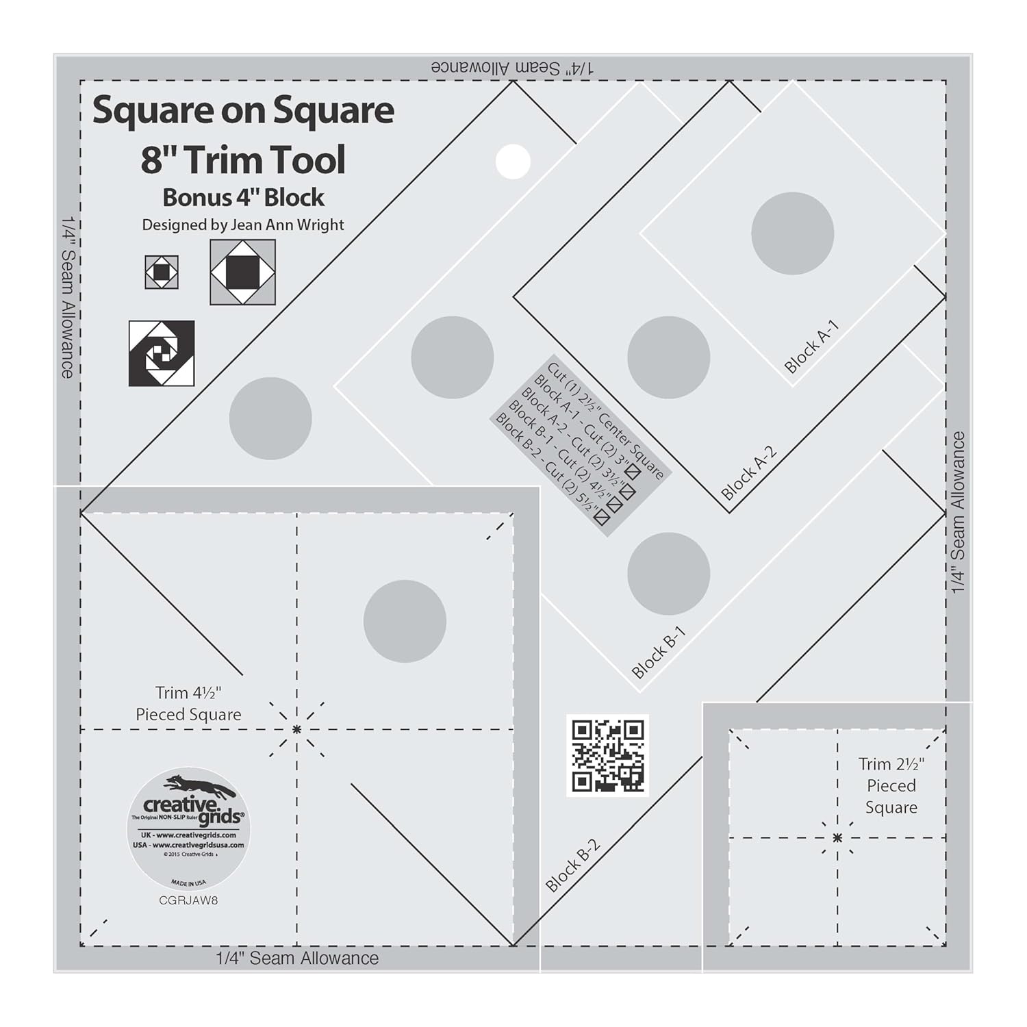 Creative Grids Square on Square Trim Quilt Ruler 4"/8
