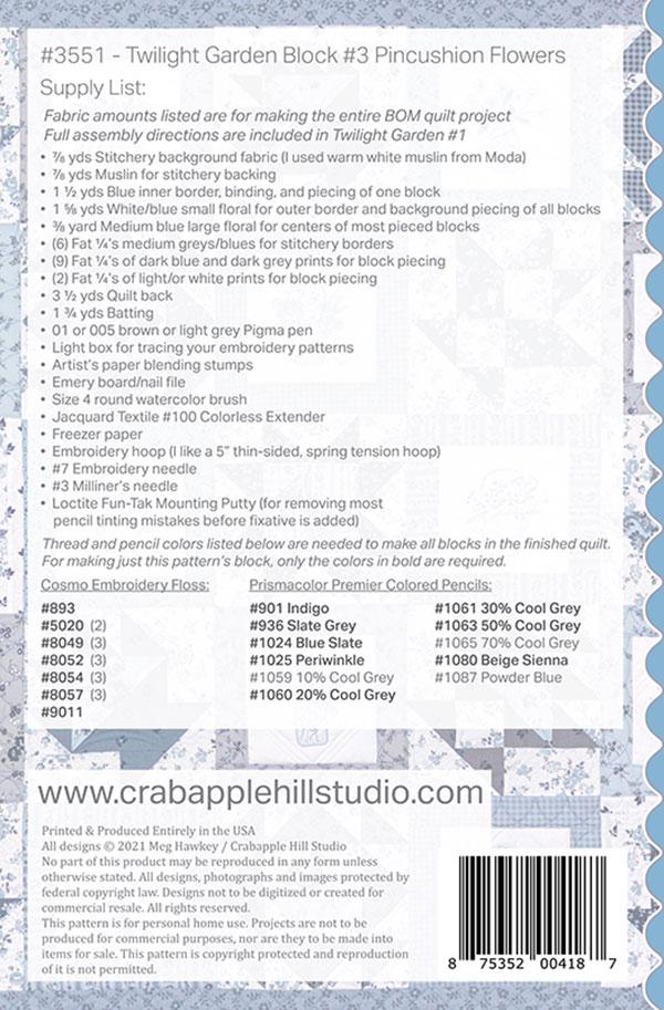 Twilight Garden BOM #3 Pincushion - Quilt Pattern