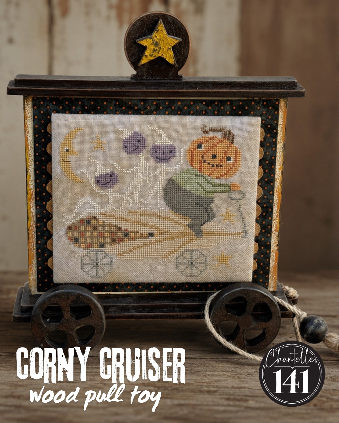 Corny Cruiser Pull Toy - Unfinished Embroidery Display, zoomed in. Select this picture to zoom back out.