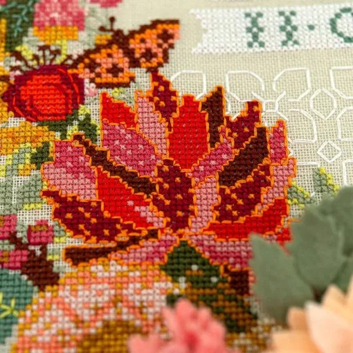 Modern Botanical Wedding Sampler - Cross Stitch Pattern, different perspective #2, zoomed in. Select this picture to zoom back out.