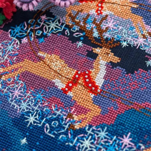 Santa's Moonlit Ride - Christmas Cross Stitch Pattern, different perspective #1, zoomed in. Select this picture to zoom back out.