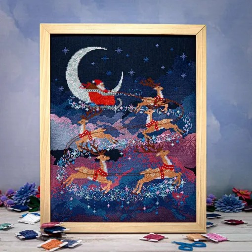 Santa's Moonlit Ride - Christmas Cross Stitch Pattern, zoomed in. Select this picture to zoom back out.