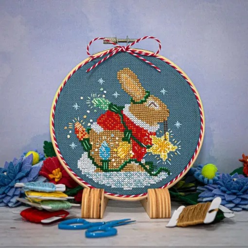 Rabbit's Bright Winter Night Ornament - Cross Stitch Pattern, zoomed in. Select this picture to zoom back out.