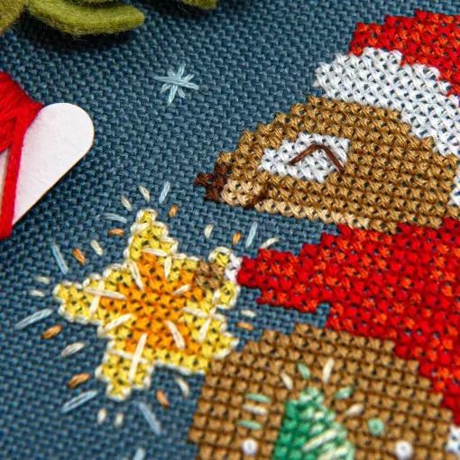 Squirrel's Bright Winter Night Ornament - Cross Stitch, different perspective #1, zoomed in. Select this picture to zoom back out.