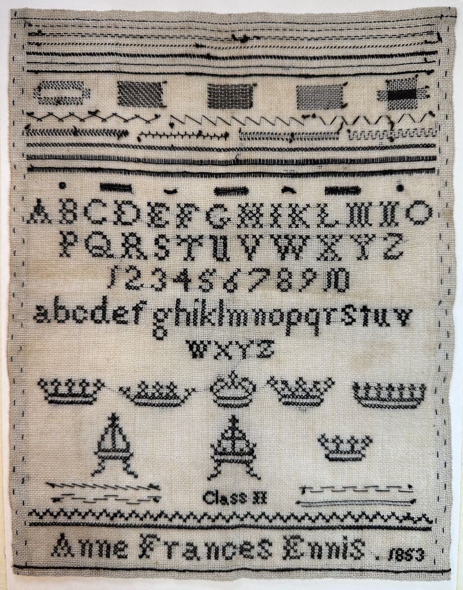 Anne Frances Kirkpatrick 1847 Black Crown - Cross Stitch, different perspective #1, zoomed in. Select this picture to zoom back out.
