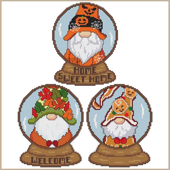 Monthly Gnome Snow Globes - Oct/Dec - Cross Stitch Pattern