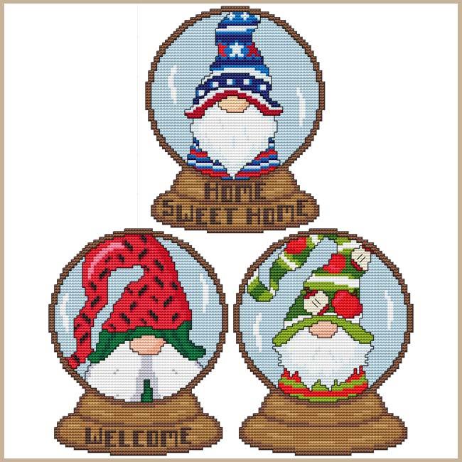 Monthly Gnome Snow Globes - July/Sept - Cross Stitch Pattern