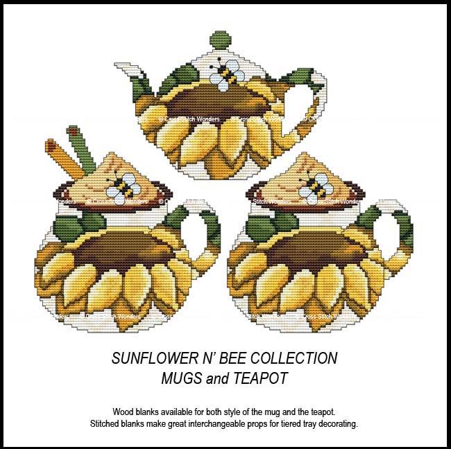 Sunflower N' Bee - Mugs & Teapot- Cross Stitch Pattern