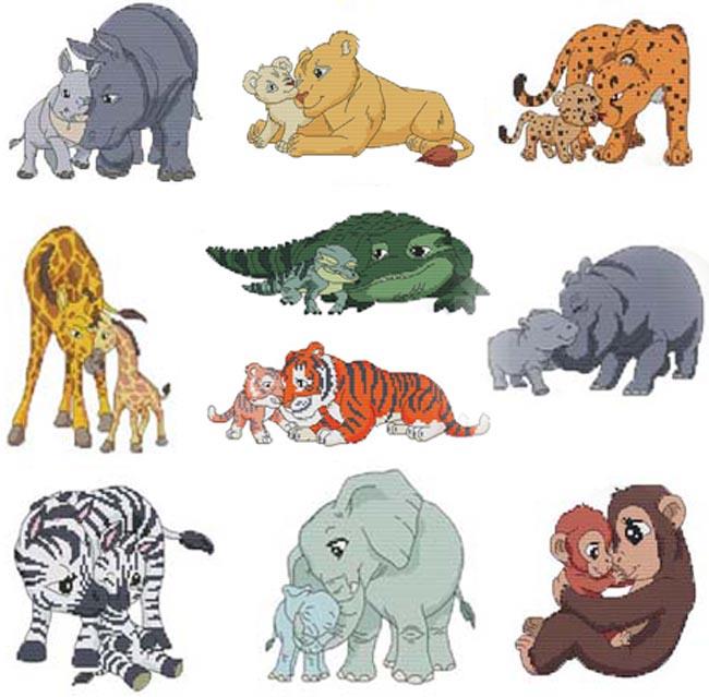 Momma N Me Animals Combo - Cross Stitch Pattern, zoomed in. Select this picture to zoom back out.