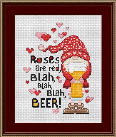 Valentine Gnome Roses Are Red Beer! - Cross Stitch Pattern