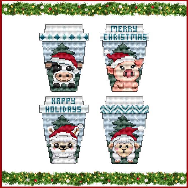 Santa Hat - Cow Pig Llama Sheep - Cross Stitch Pattern