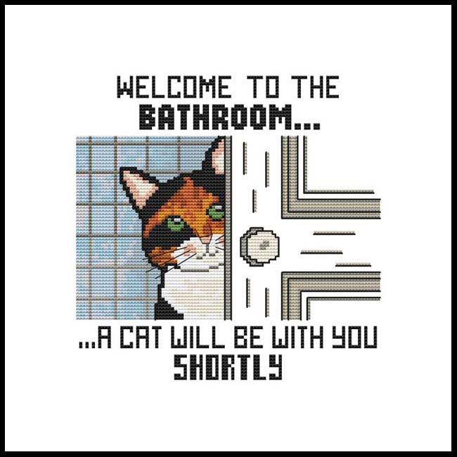 Bathroom Concierge Kitty Cat - Cross Stitch Pattern, zoomed in. Select this picture to zoom back out.