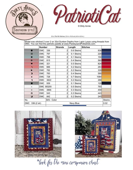 PatriotiCat - Patriotic Cross Stitch Pattern, different perspective #2, zoomed in. Select this picture to zoom back out.