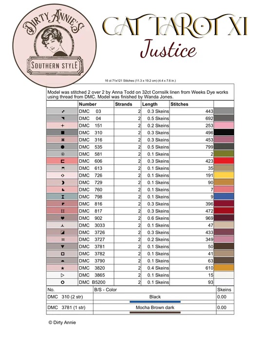 Cat Tarot Series:XI Justice - Cross Stitch Pattern, different perspective #2, zoomed in. Select this picture to zoom back out.