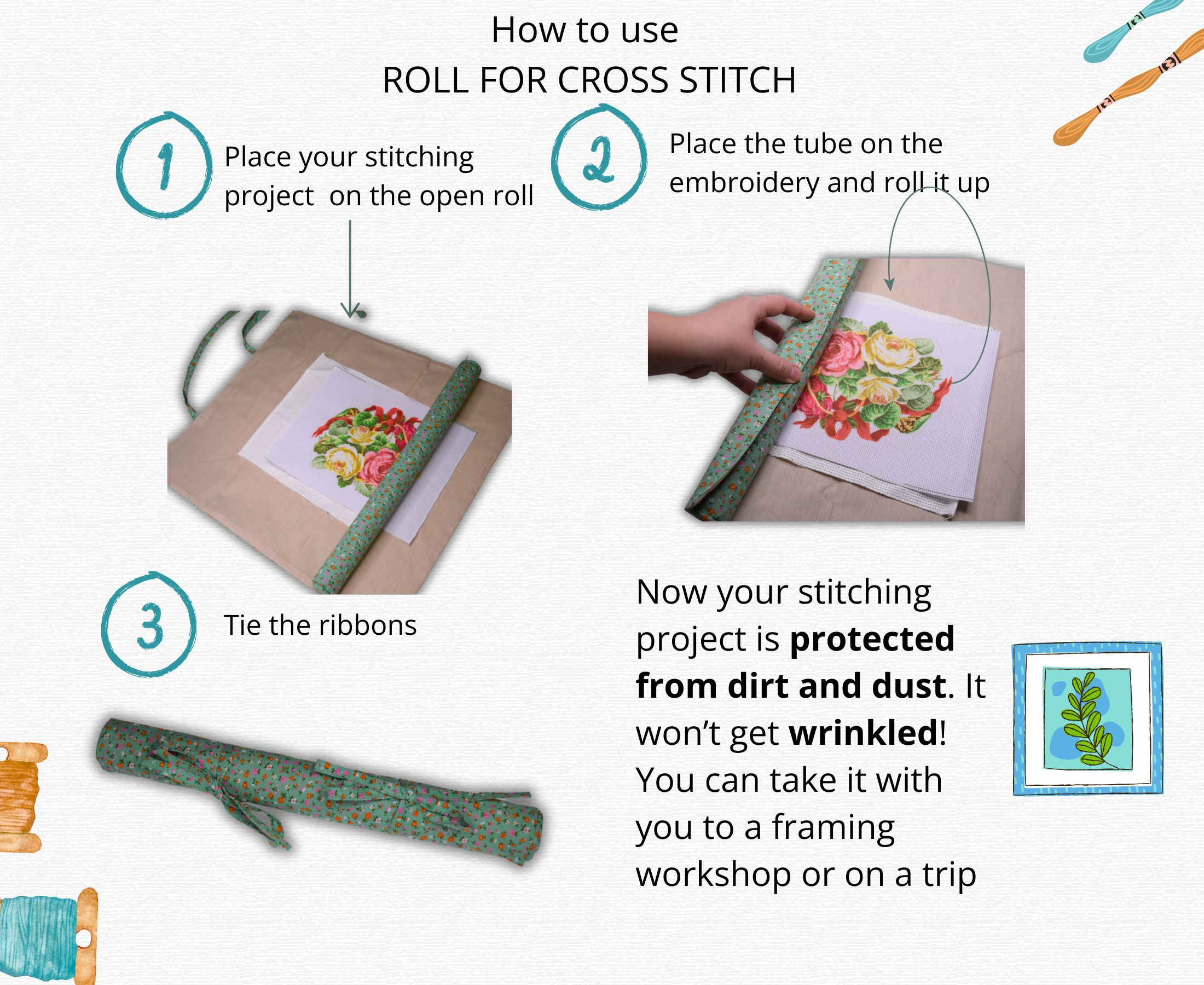 Mint Flowers - Cross Stitch Project Roll