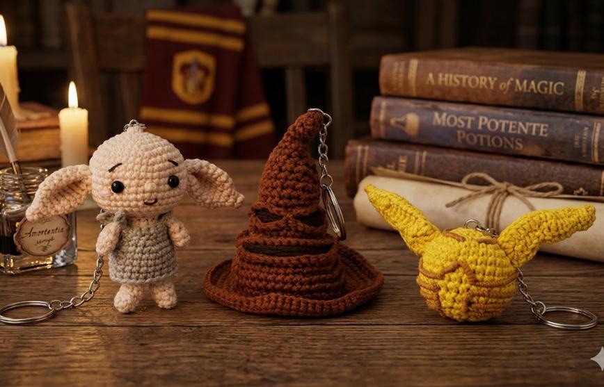 Harry Potter Keychain - Dobby - Amigurumi Kit, different perspective #1, zoomed in. Select this picture to zoom back out.