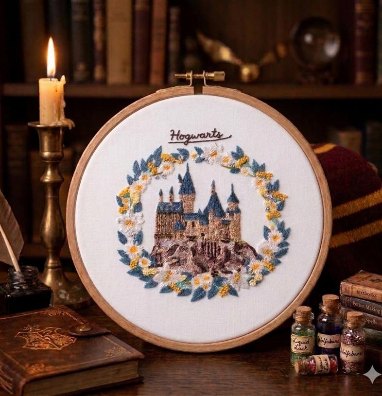 Hogwarts Castle - Embroidery Kit, different perspective #1, zoomed in. Select this picture to zoom back out.