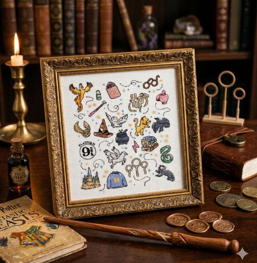 Harry Potter Symbols - Embroidery Kit, different perspective #1, zoomed in. Select this picture to zoom back out.