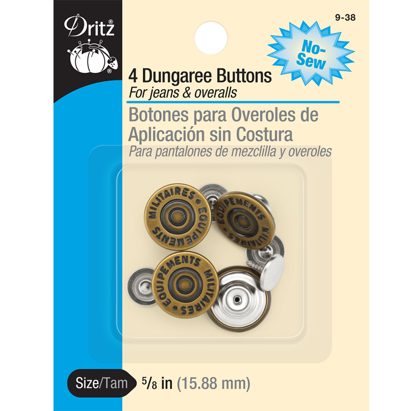 Dungaree Buttons 5/8" 4ct Antiq, zoomed in. Select this picture to zoom back out.