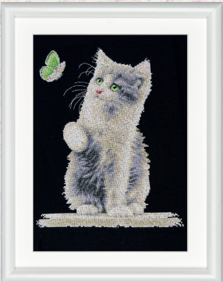 Cat With Butterfly (Black Aida) - Cross Stitch Kit