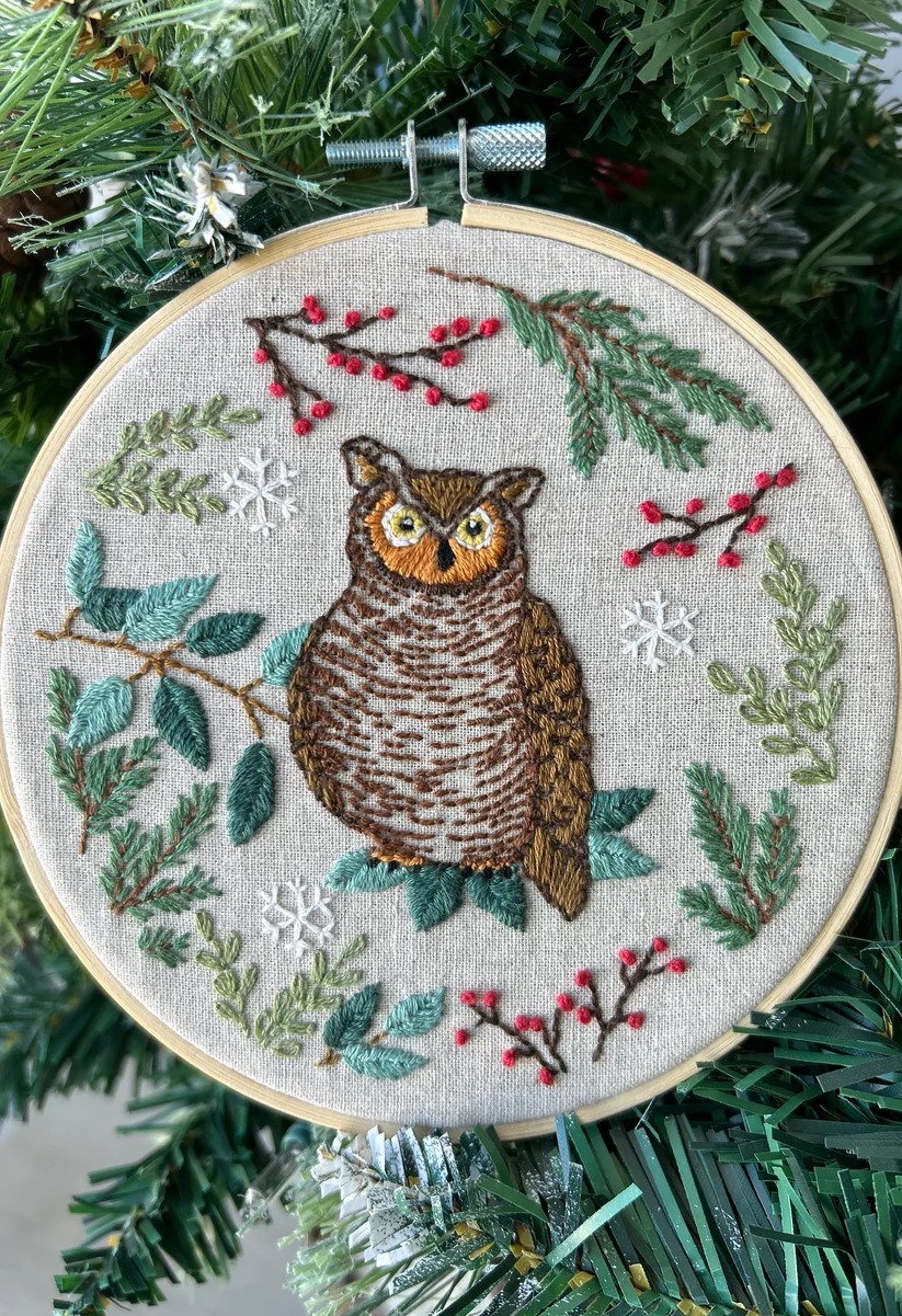 Woodland Owl - Embroidery Kit, zoomed in. Select this picture to zoom back out.