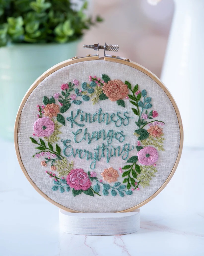 Kindness Changes Everything - Embroidery Kit, zoomed in. Select this picture to zoom back out.