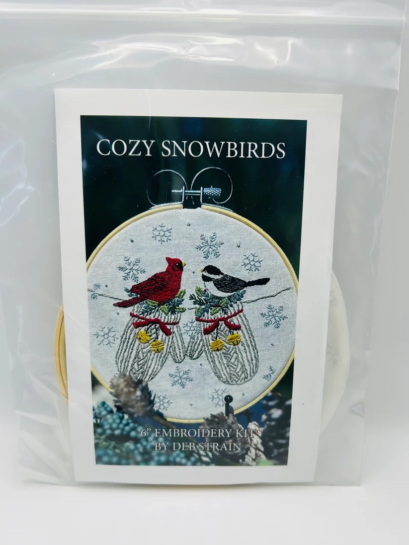 Cozy Snowbirds - Christmas Embroidery Kit, different perspective #1, zoomed in. Select this picture to zoom back out.