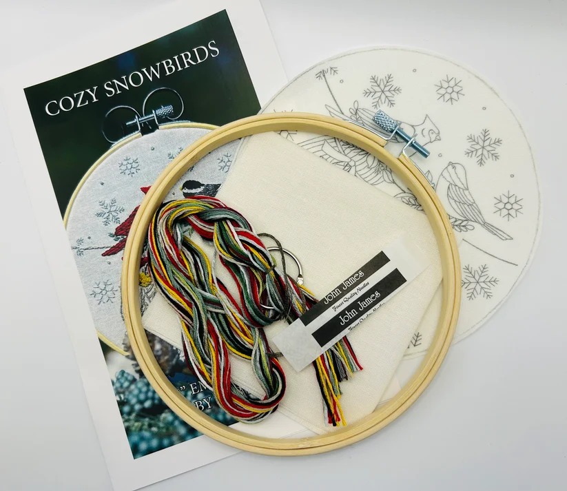 Cozy Snowbirds - Christmas Embroidery Kit, different perspective #2, zoomed in. Select this picture to zoom back out.