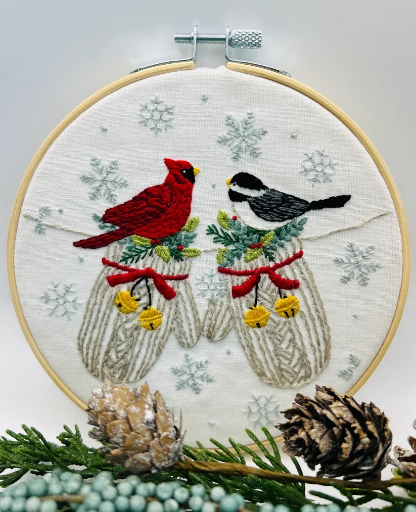 Cozy Snowbirds - Christmas Embroidery Kit, zoomed in. Select this picture to zoom back out.