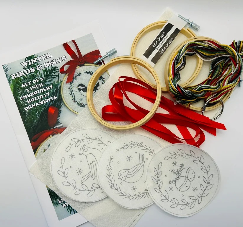 Winter Birds and Bells - Christmas Embroidery Kit, different perspective #2, zoomed in. Select this picture to zoom back out.
