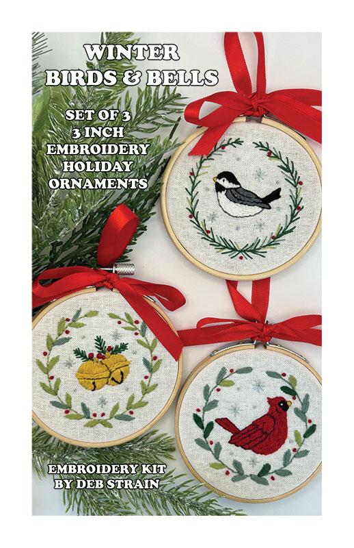 Winter Birds and Bells - Christmas Embroidery Kit, zoomed in. Select this picture to zoom back out.